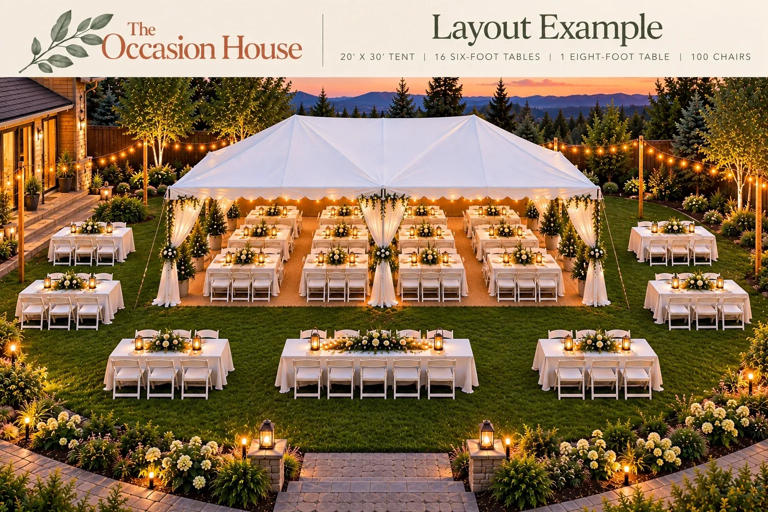 100 Person Bundle 1 -20x30 Canopy Tent, 16-6ft Rectangular Tables, 1- 8ft Rectangular Table, 90-White Folding Chairs