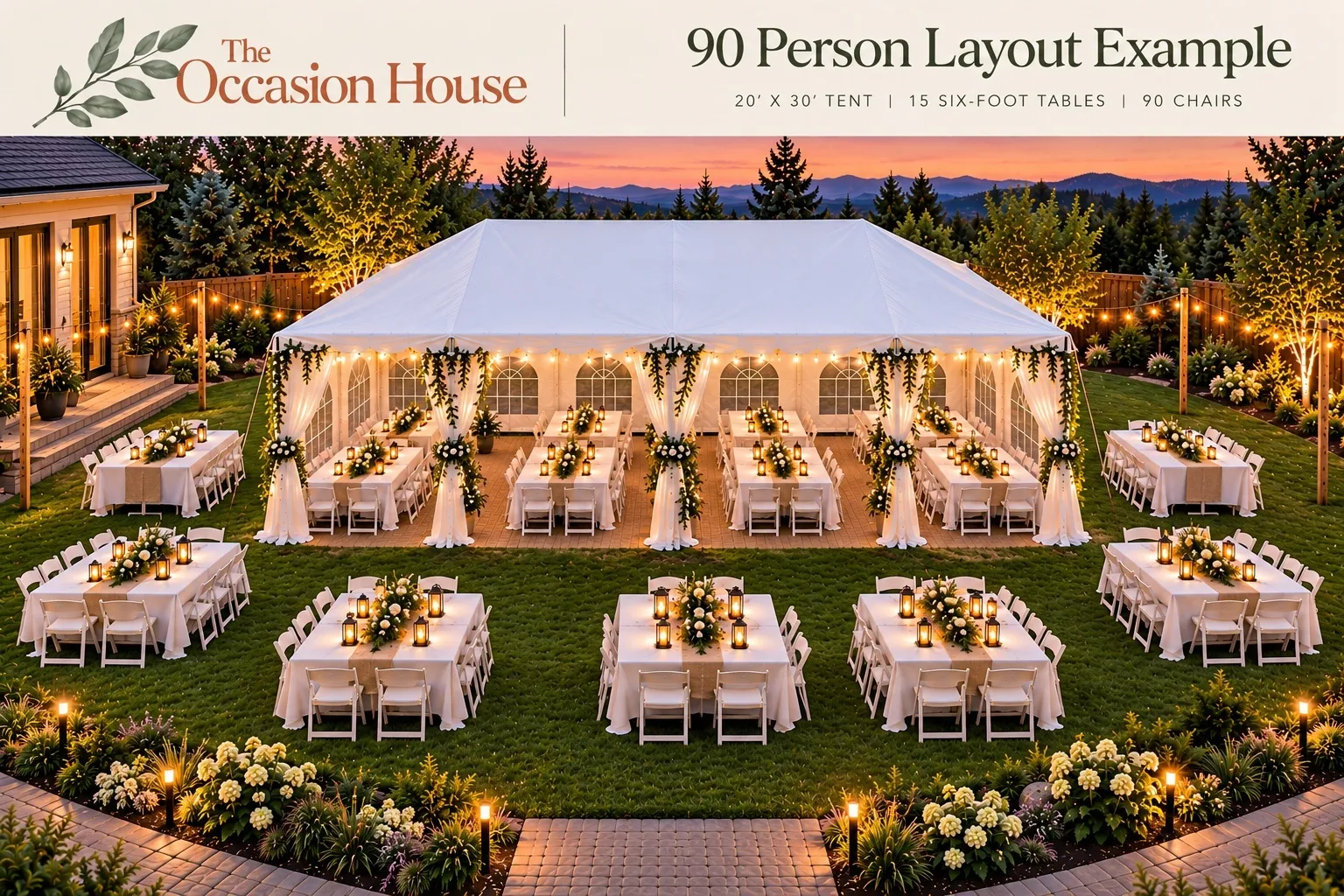 90 Person Bundle 1 -20x30 Canopy Tent, 15-6ft Rectangular Tables, 90-White Folding Chairs
