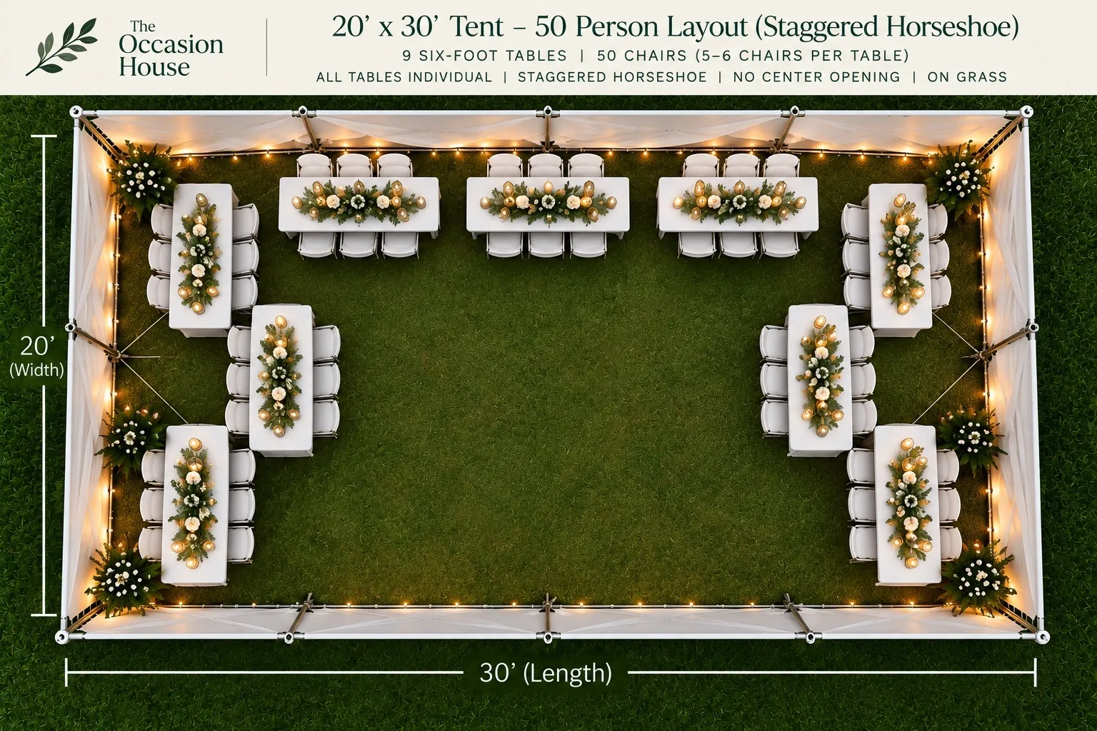 50 Person Bundle 1 -20x30 Canopy Tent, 9-6ft Rectangular Tables, 50-White Folding Chairs
