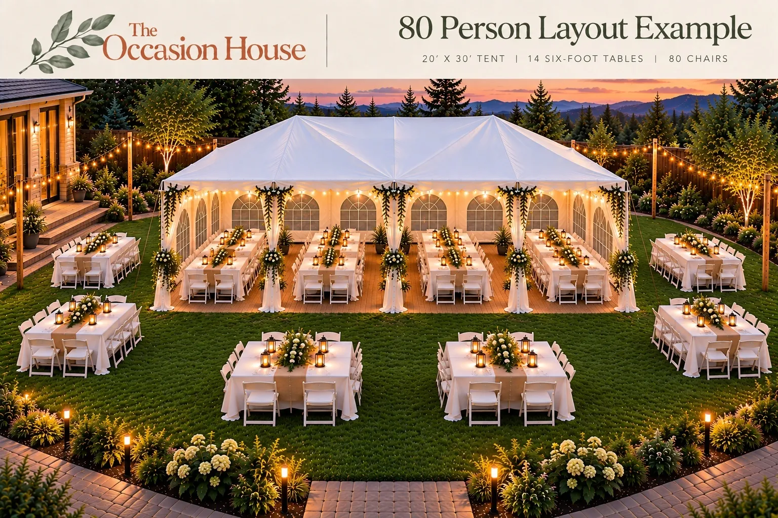 80 Person Bundle 1 -20x30 Canopy Tent, 14-6ft Rectangular Tables, 80-White Folding Chairs