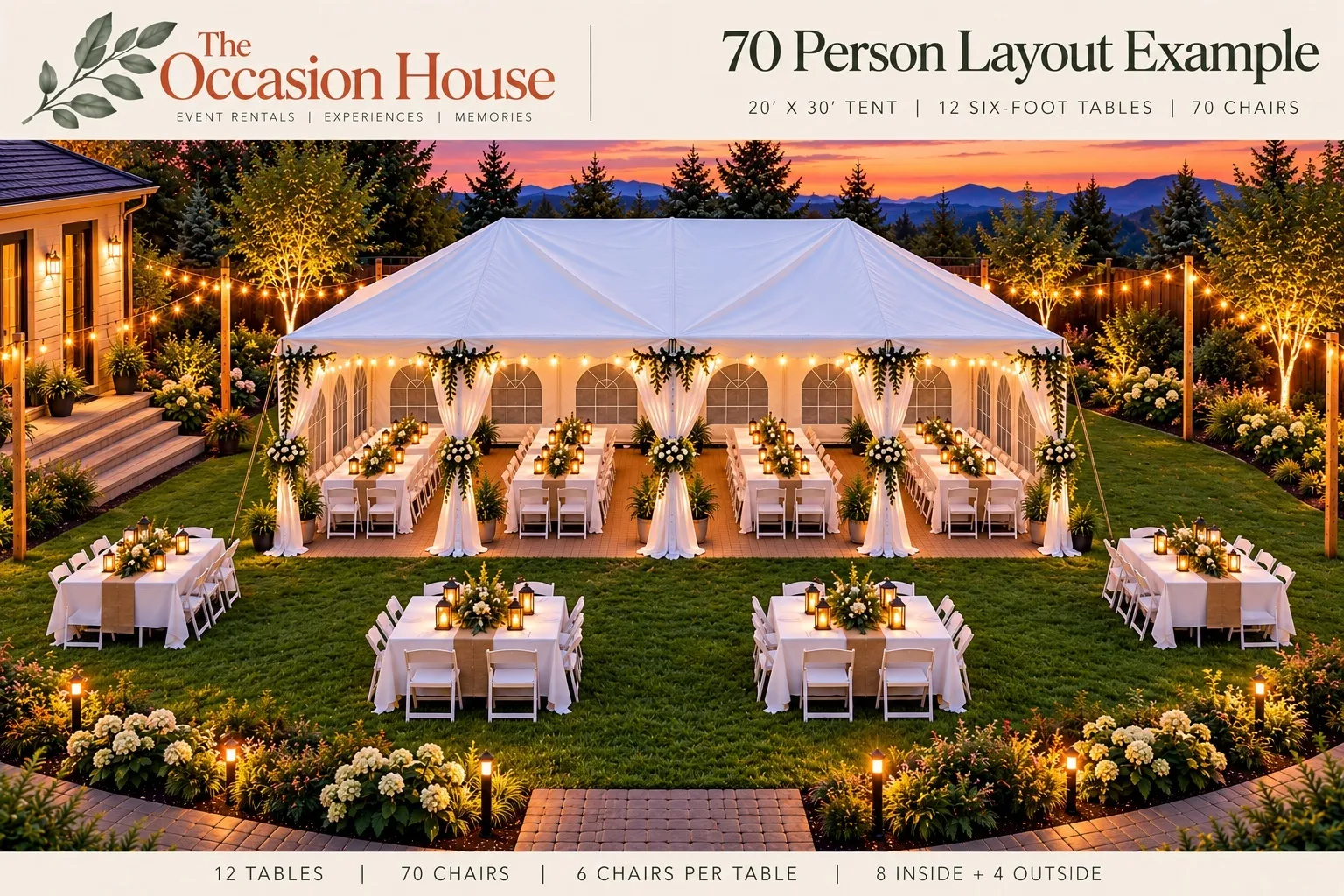 70 Person Bundle  1 -20x30 Canopy Tent, 12-6ft Rectangular Tables, 80-White Folding Chairs