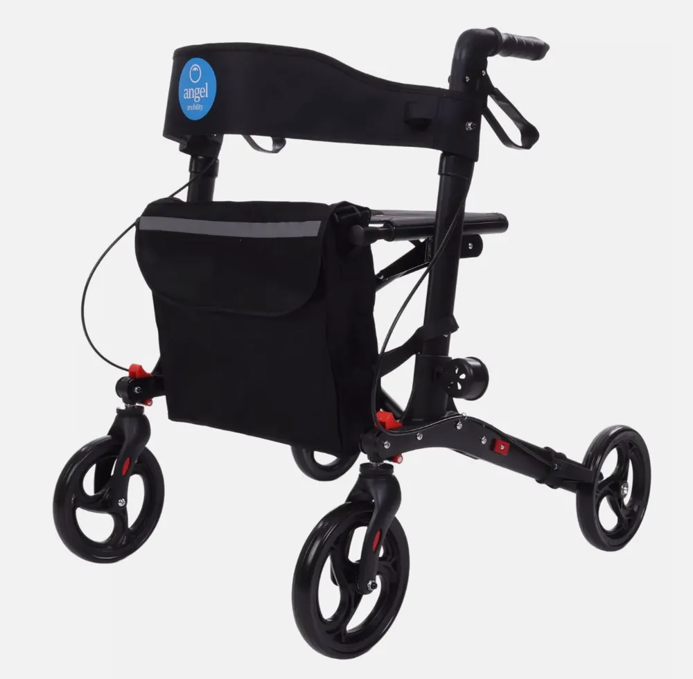 Rollator walker with seat, four wheels and brakes