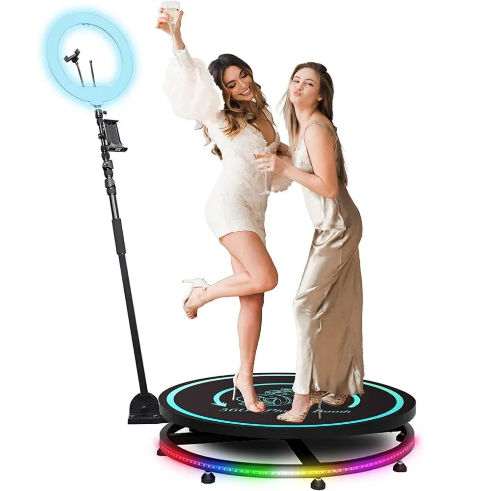 360 photo booth rental Dallas with backdrop and LED lights