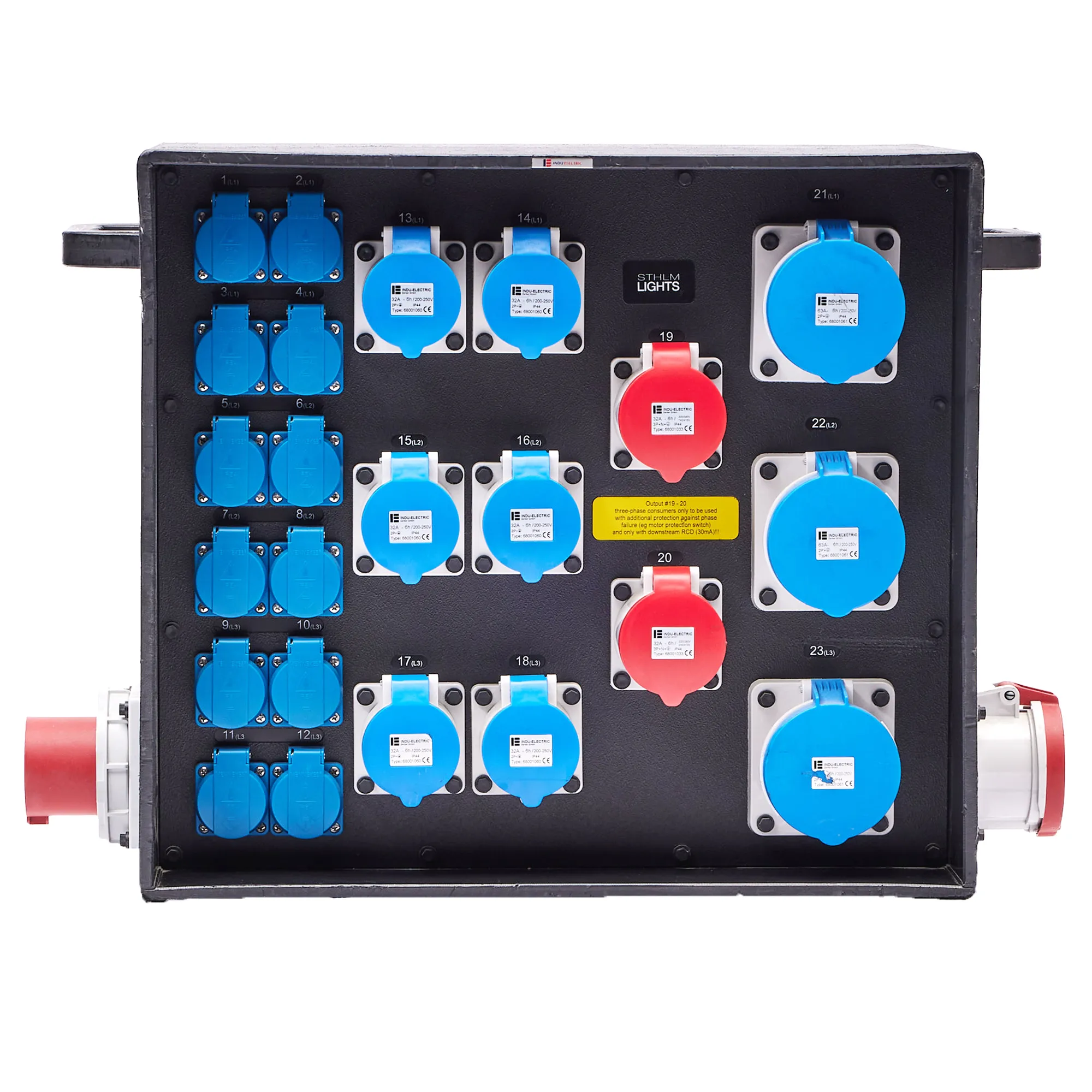 Distro Box 463 > 2x432 3x263 6x232 12xSchuko VA Meter RCD Looped