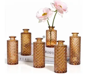 Glass Bud Vases Set of 6, Small Diamond Bud Vases in Bulk, Mini Flowers Vases for Centerpieces, Vintage Bottle for Table Decorations, Wedding Decor, Recepetion, Home