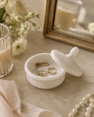 White Crystal Milk glass Antique Jewelry Holder