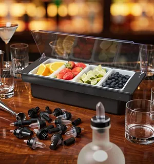 Bar Products Condiment Holder for Serving Container Chilled Garnish Tray with Lid for Bar Caddy, 4-1 Pint Inserts, With Added 12 Liquor Bottle Pourers, and 12 Pourer Covers - Black
