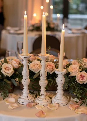Set of 3 Rustic White Wooden Candlesticks (7 in, 5 in, 14 in)