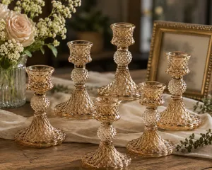 (set of 24) Handcrafted Brown Glass ,Striped Taper Candle Stand for Table Centerpieces, Home Decor,Weddings,Festival and Parties (Amber Dimond Pattern)