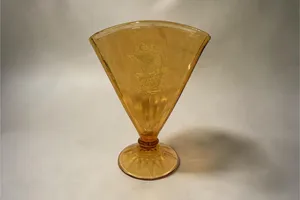 Amber Glass Art Deco Fan Vase with Etched Sailing Ship