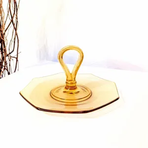Vintage Amber Etched Handled Tidbit Tray