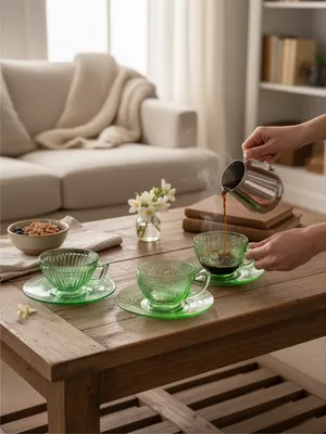 Green Depression Glass Cups & Saucers
