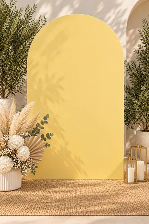 Soft Yellow Wood Arch Backdrop Rental