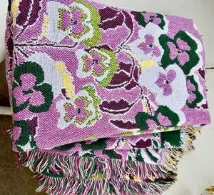 Vintage 90s Purple Pansy Floral Woven throw blanket/tapestry - cotton