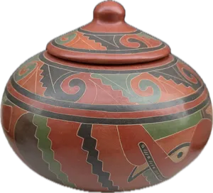 Elias Boza Nicaragua Pottery Covered Jar - Terracota Clay, Green, Red, Black 