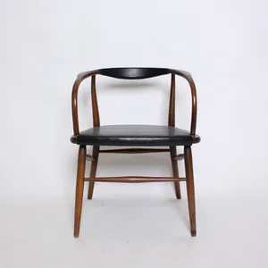 Vintage Black Leather Trimmed Wood Frame Chair 