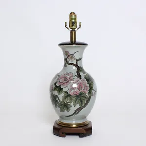 Floral Mint Ceramic Lamp, Wood Base