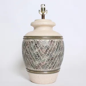 Ceramic Off-White Lamp w/ Design & Gold Bands