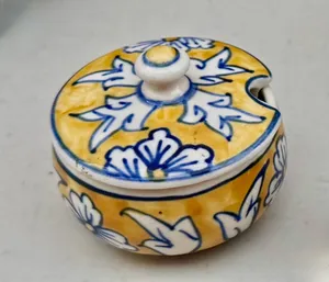 Yellow, cream and blue Tuscany hand painted Ceramic spice jar - small