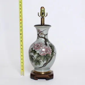 Floral Mint Ceramic Lamp, Wood Base