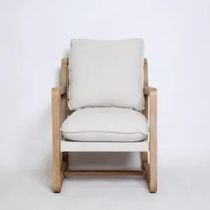 Cream Fabric Lounge Chair / Wood Frame 