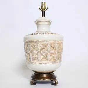 White Ceramic Lamp w/ Leaf Design & Metal Base