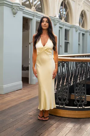 Shona Joy La Lune Plunged Cross Back Midi Dress in Lemon SIZE 6