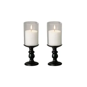 Pair of Black Pillar Candle Holders & LED Candles