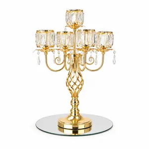 Gold & Glass 5 Arm Embellished Centerpiece with Flameless Tea Light Candles