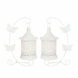 Pair of White Hanging Tea Light Lanterns with LED Candles