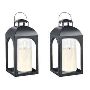 Pair of Large Black Lanterns with LED Candle
