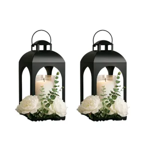 Pair of Black Lanterns with Peonies and Eucalyptus Stalks 