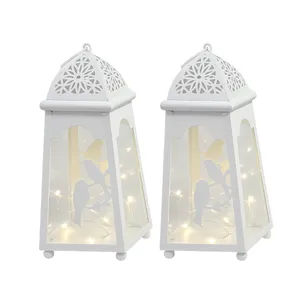 Pair of White  Metallic & Glass Lanterns 
