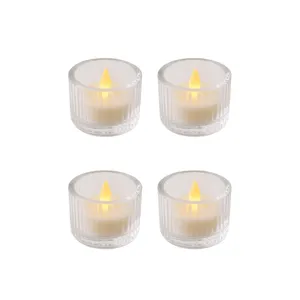4 Small Clear Ribbed Glass Votives with LED Candles