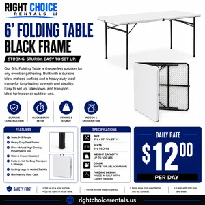 6 Foot Bi-Fold Folding Table, White w/Black Frame