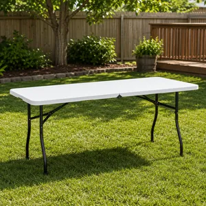 6 Foot Bi-Fold Folding Table, White w/Black Frame