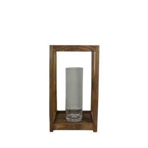 RUSTIC WOODEN LANTERN W/CYLINDRICAL VASE - BROWN (M) 10