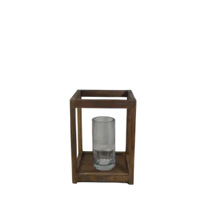 RUSTIC WOODEN LANTERN W/CYLINDRICAL VASE - BROWN (S) 10