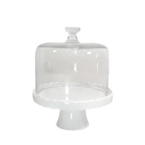 SCALLOPED  CERAMIC CAKE STAND EDGE W/ GLASS DOME - WHITE 