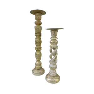 WOODEN ANTIQUE CANDLEHOLDER (WHITE AND GOLD) - LARGE