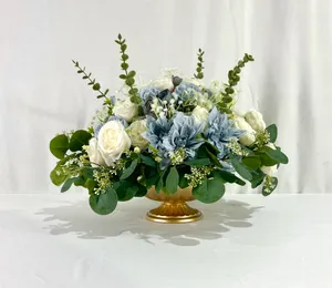 Dusty Blue & Ivory Floral Arrangement - Gold Pedestal