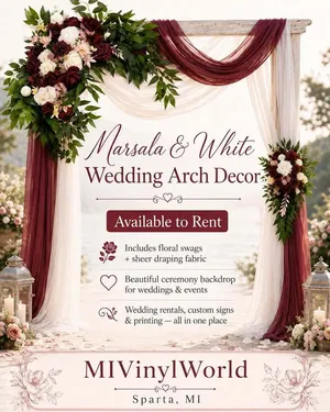 Marsala & White Wedding Arch Decor-Flowers & Drapes
