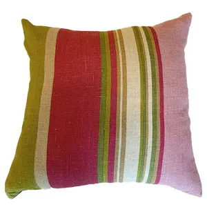 Pink & Green Striped Linen Cushion Cover