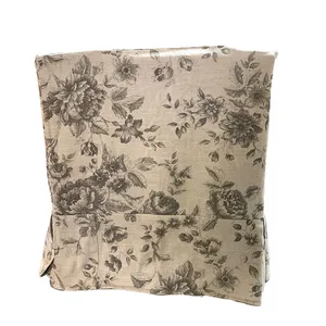 Grey Linen Floral Ottoman Cover