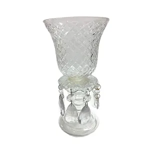 Cut Glass Hurricane with Hanging Crystals