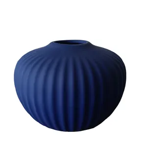 Blue Ribbed Pumpkin Vase
