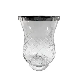 Cut Glass Hurricane Vase with Silver Rim
