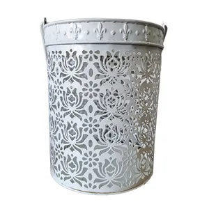 White Decorative Zinc Container with Handle - Large