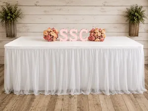 6ft Rectangle Tulle Ruffle Skirt Tablecloth White