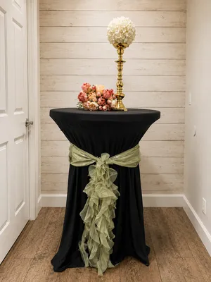 Black Cocktail Tablecloth with Skirt and Sage Green Sash